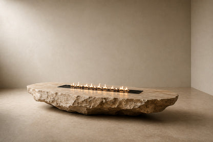 Pale limestone fire table Nuran 220, warm pale cream, on a pale stone floor.