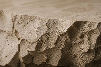 Pale limestone fire table Nuran 220, warm pale cream, on a pale stone floor.