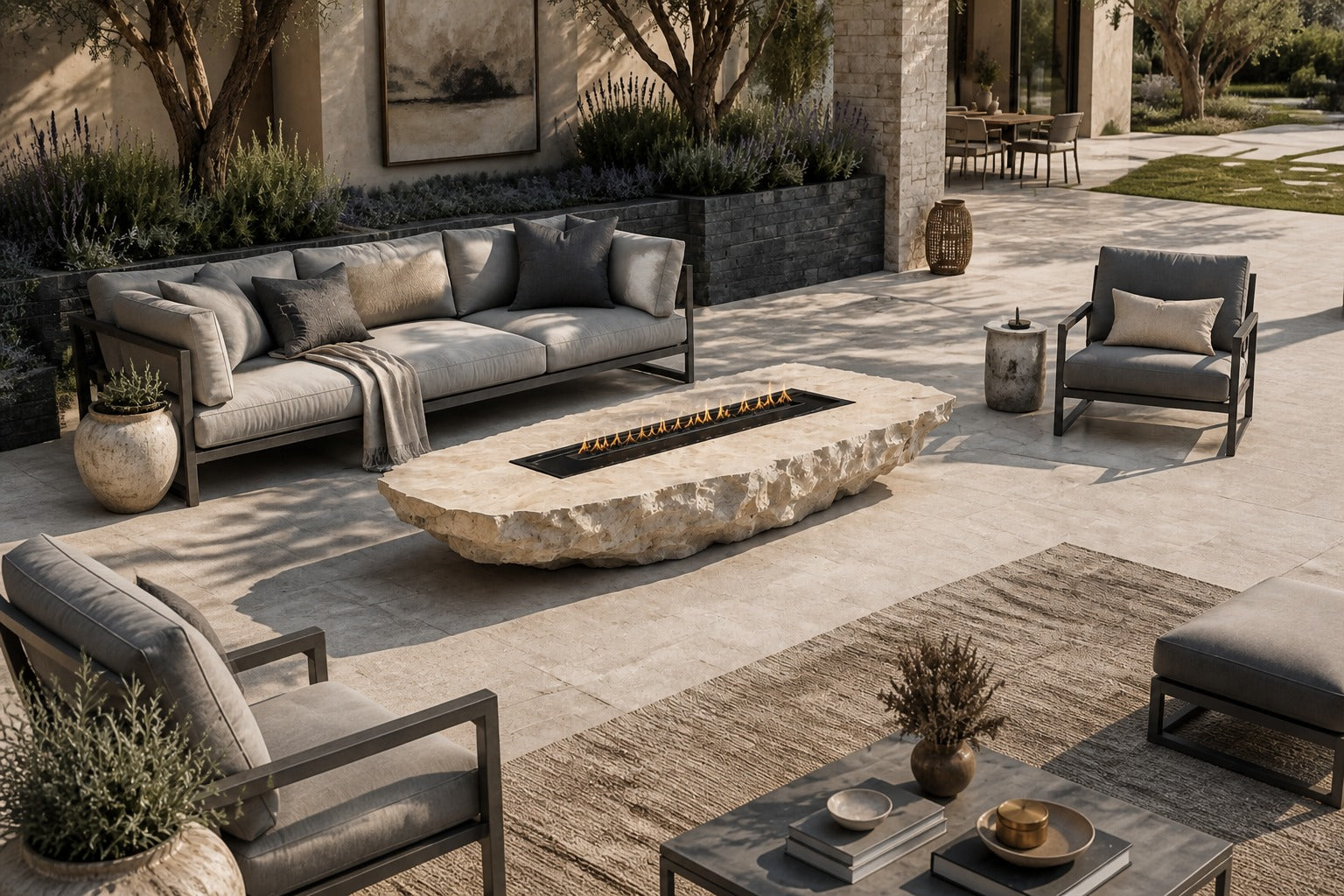 Pale limestone fire table Nuran 220, warm pale cream, on a pale stone floor.
