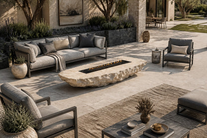 Pale limestone fire table Nuran 220, warm pale cream, on a pale stone floor.
