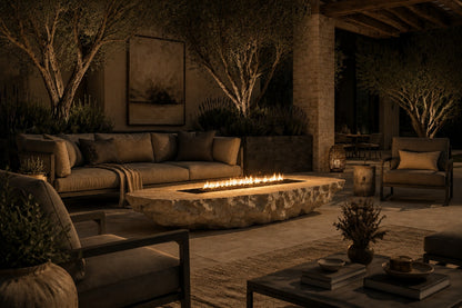 Pale limestone fire table Nuran 220, warm pale cream, on a pale stone floor.