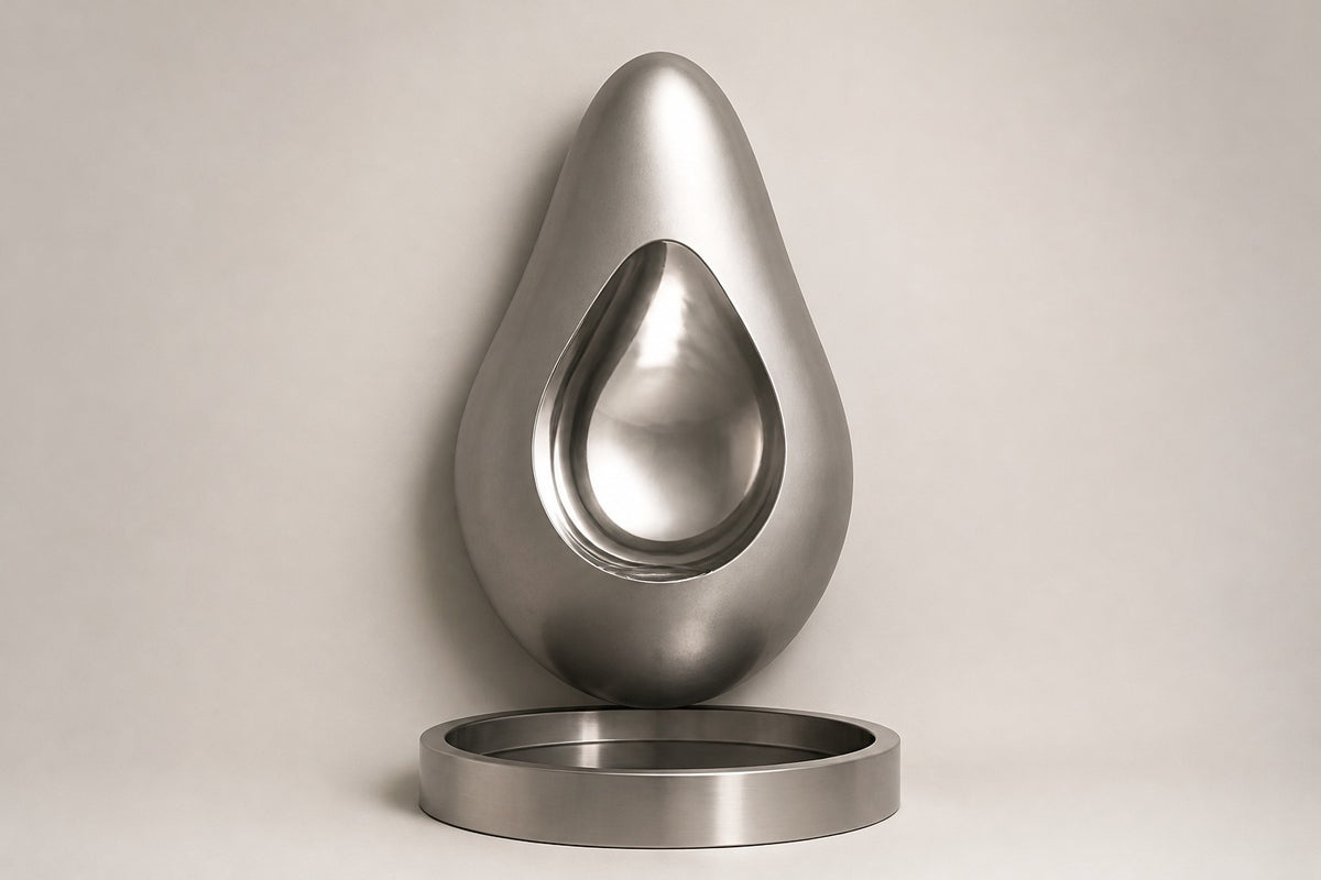Nyra — stainless seed wall fountain, studio front view