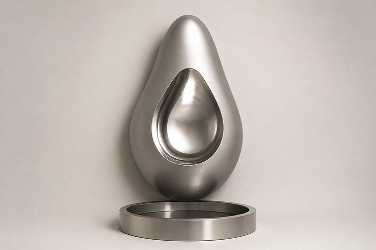 Nyra — stainless seed wall fountain, studio front view