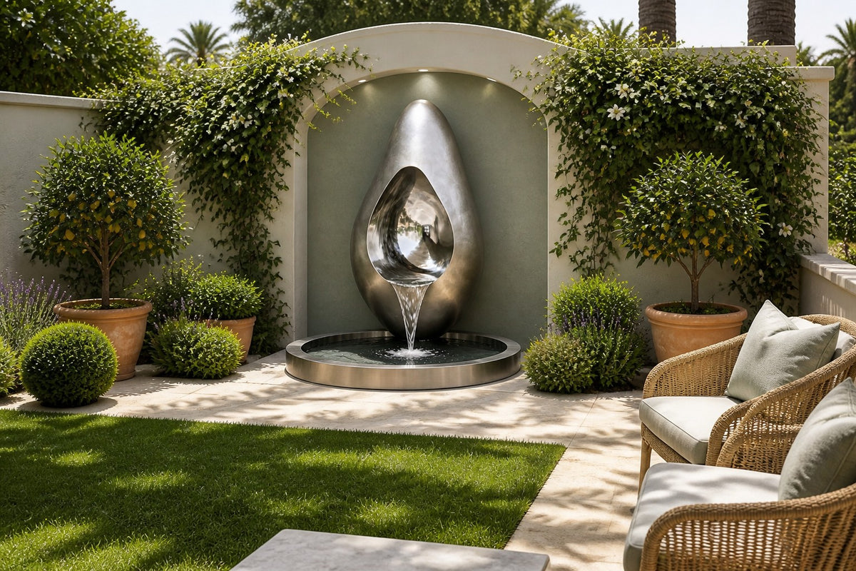 Nyra — stainless seed wall fountain, close view on the wall with water running