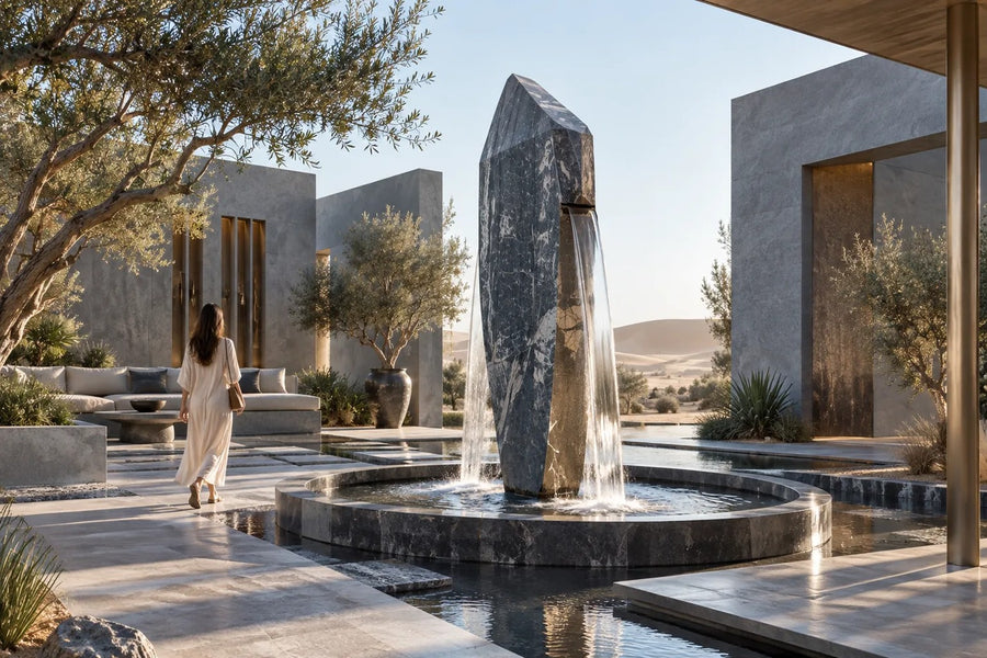 Obelisk Veil — 320 cm dark veined marble obelisk water feature in an oval stone basin, placed in a furnished room