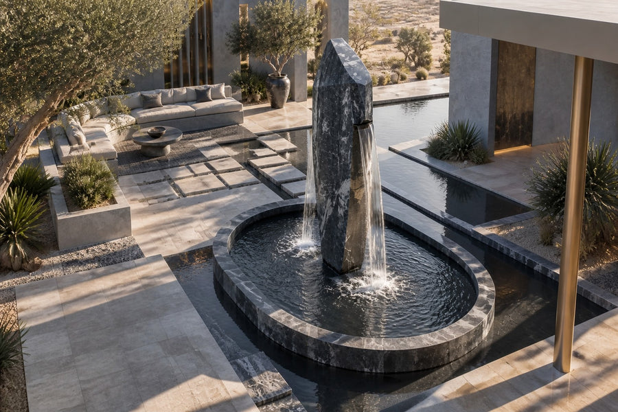 Obelisk Veil — 320 cm dark veined marble obelisk water feature in an oval stone basin, seen from above in the room