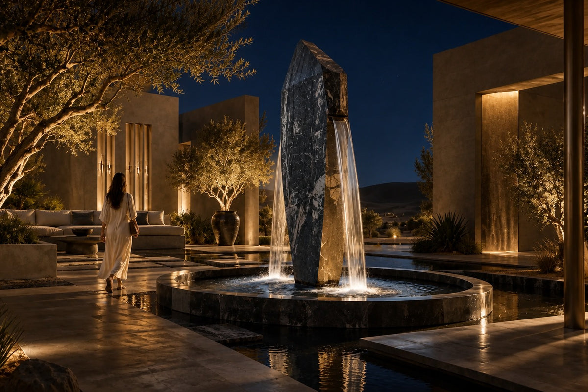 Obelisk Veil — 320 cm dark veined marble obelisk water feature in an oval stone basin, the same room at night, lamps on