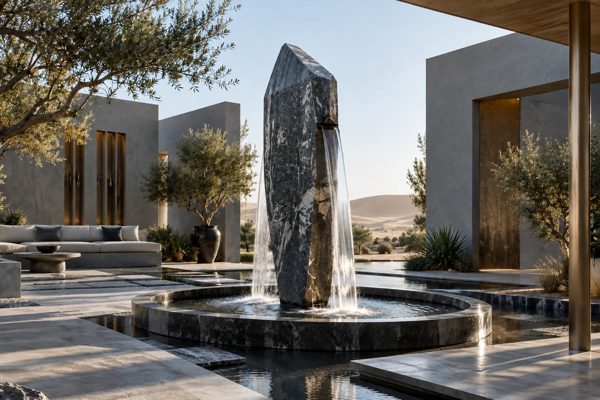 Obelisk Veil — 320 cm dark veined marble obelisk water feature in an oval stone basin, close view in the room
