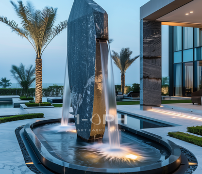 Obelisk Veil — Monumental Marble Sculpture stone fountain, studio view of the whole piece