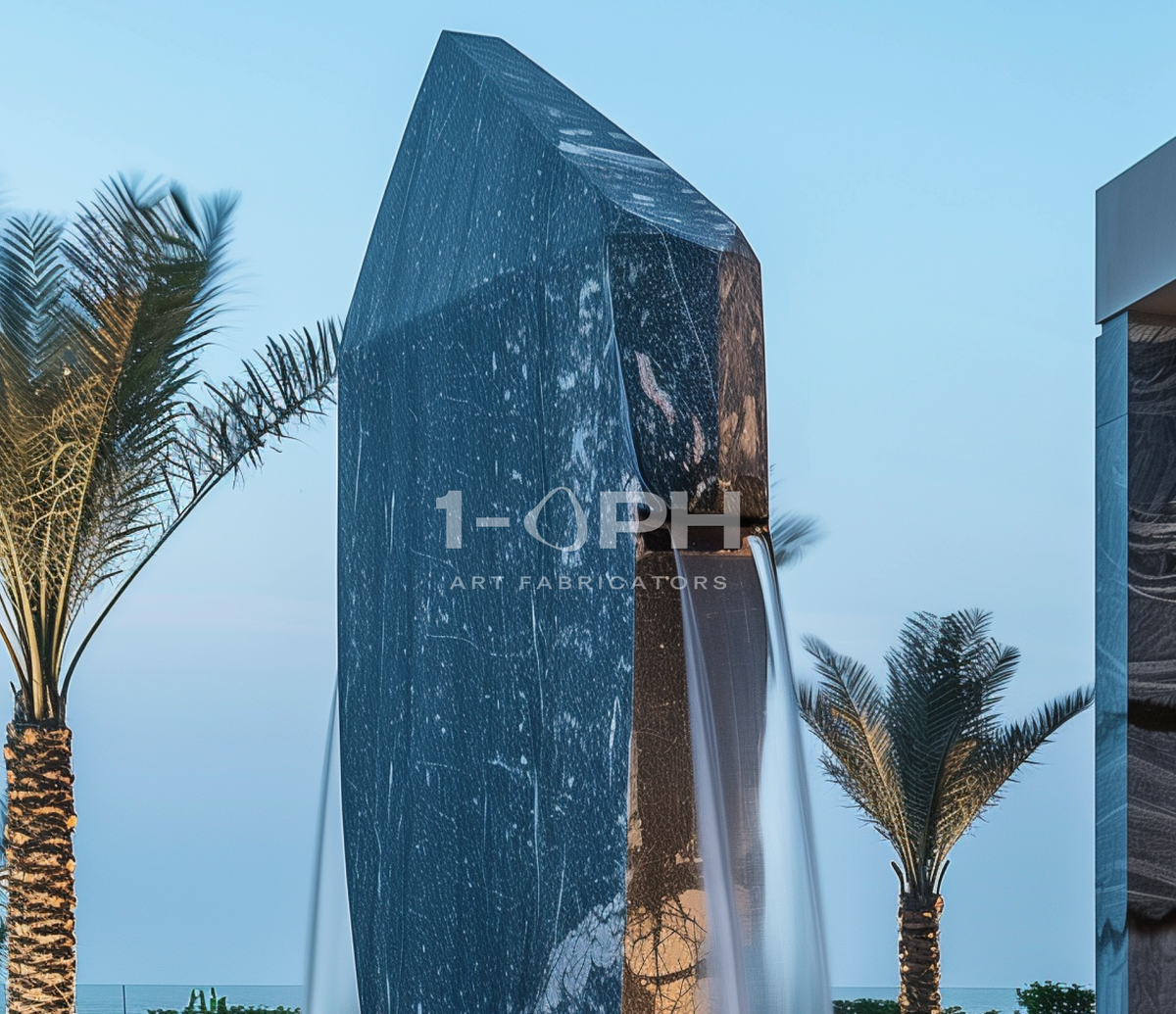 Obelisk Veil — Monumental Marble Sculpture stone fountain, close detail of the surface and edge