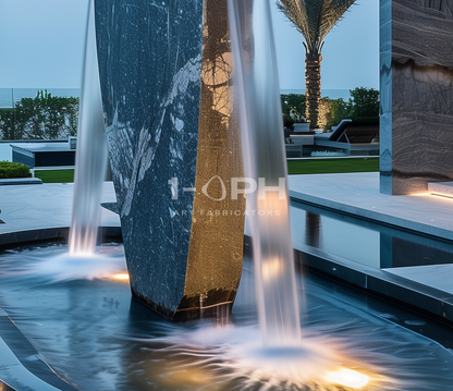 Obelisk Veil — Monumental Marble Sculpture stone fountain, reverse studio view showing the back