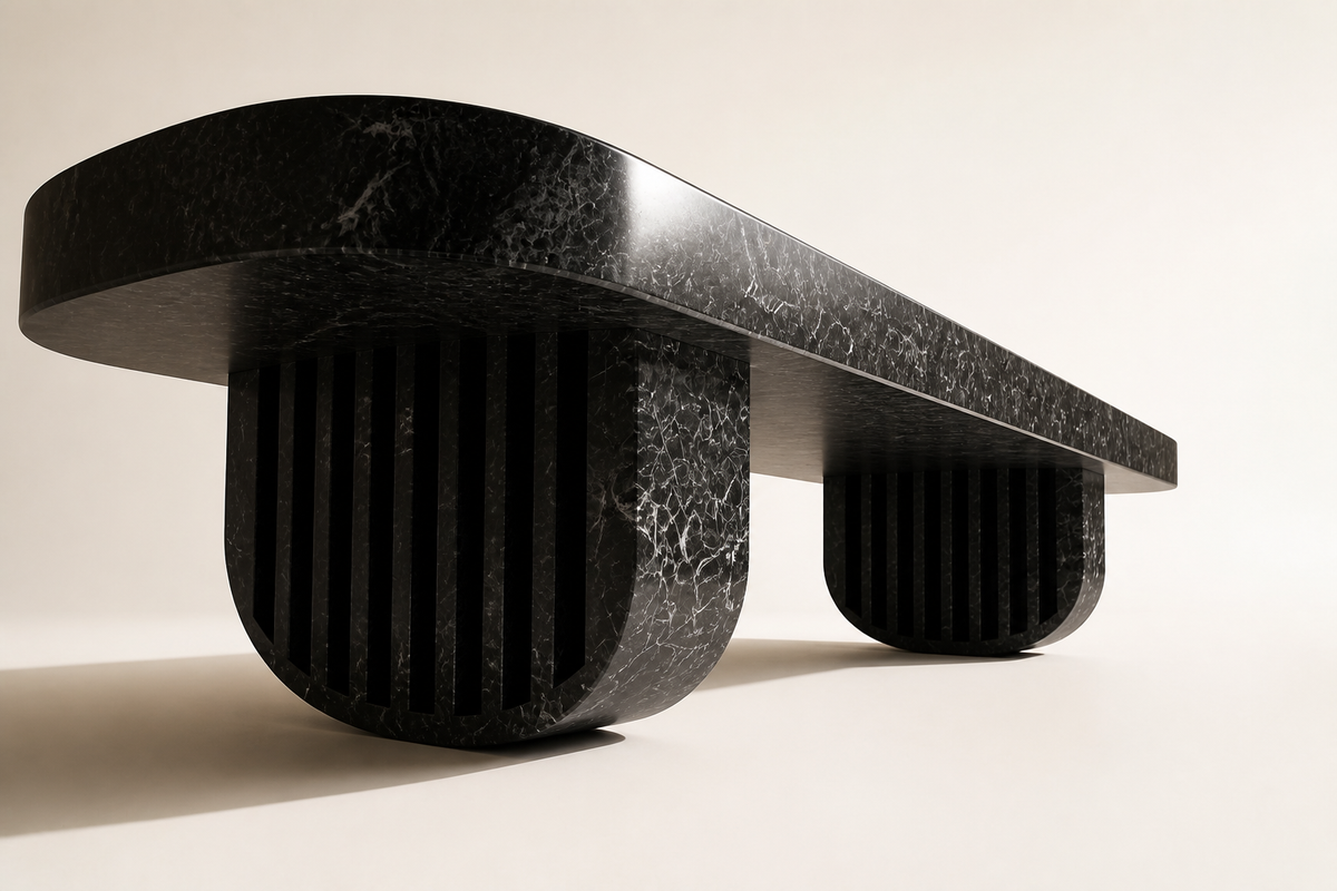 Obsidian Column Marble Bench, three-quarter studio view showing its profile