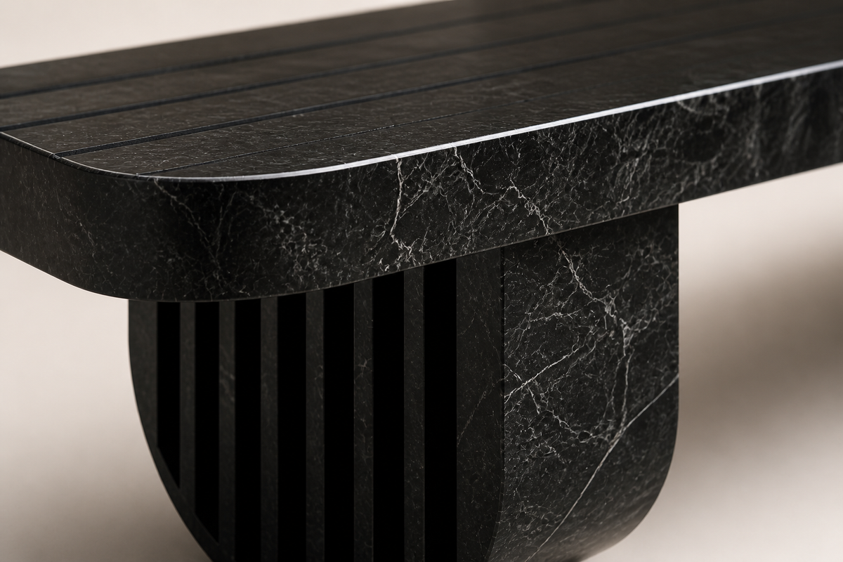Obsidian Column Marble Bench, close studio detail of the surface and material