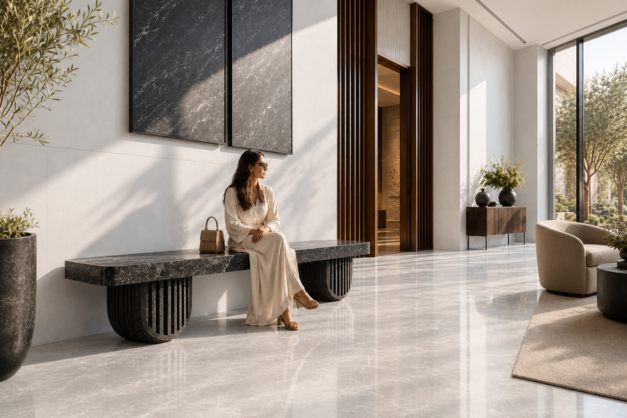 Obsidian Column Marble Bench, shown in a room setting, at full scale