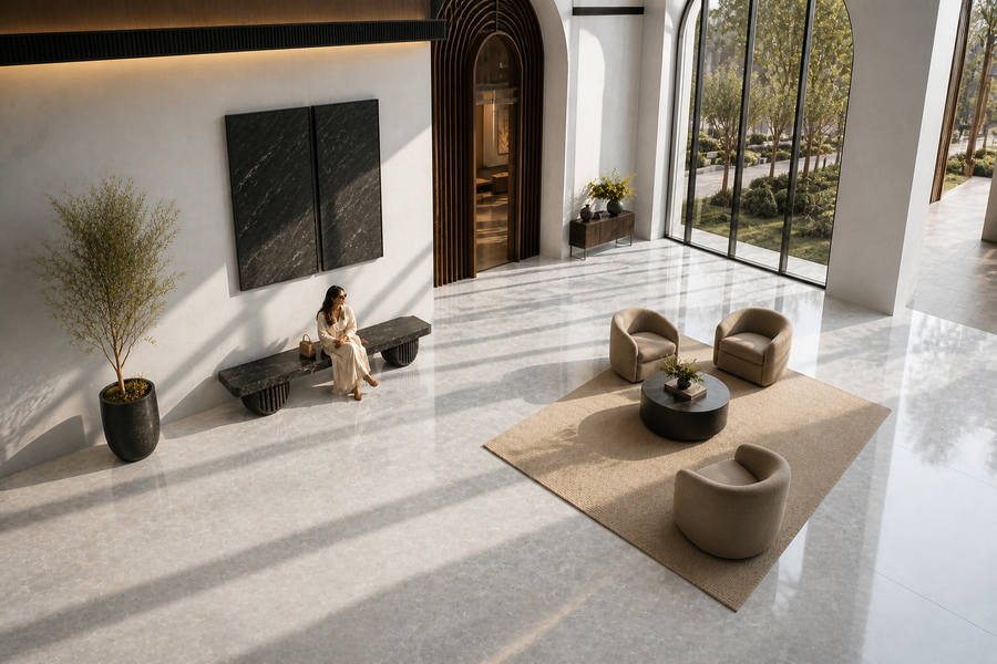 Obsidian Column Marble Bench, overhead view in a room setting