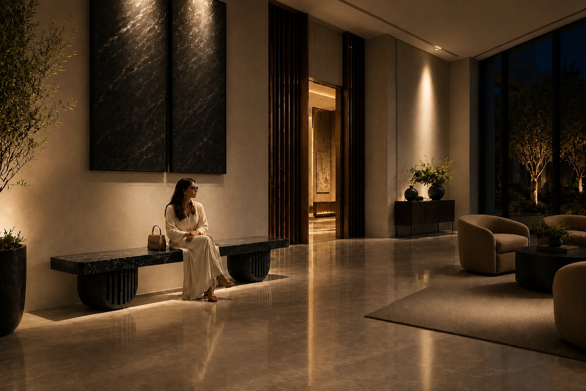 Obsidian Column Marble Bench, in a room setting under evening light