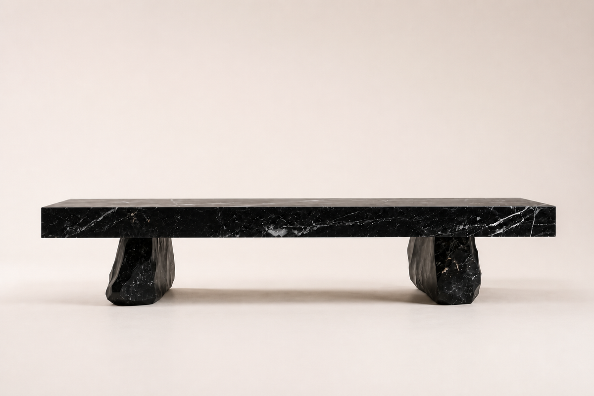 Obsidian Edge Marble Bench, studio view of the whole piece