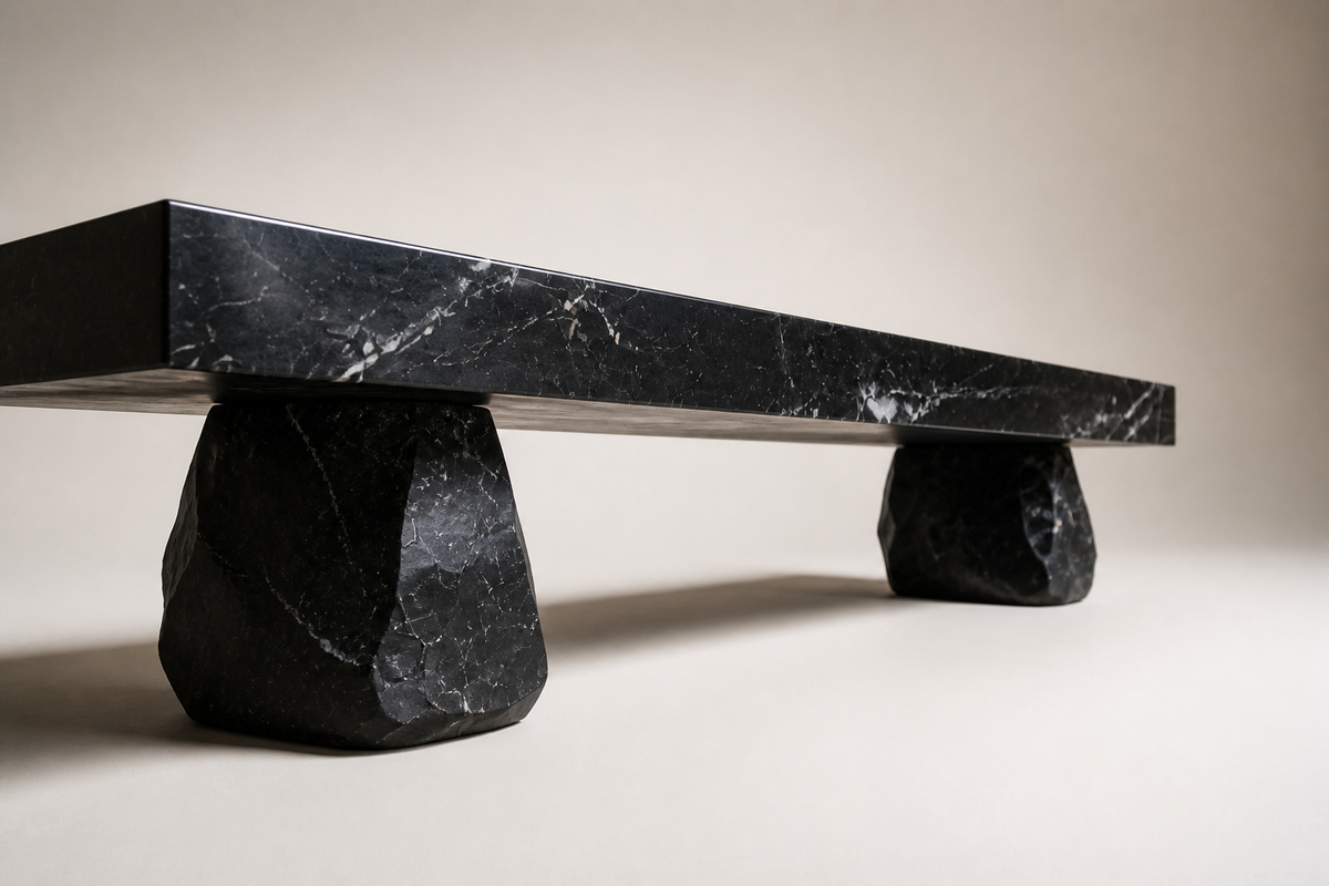 Obsidian Edge Marble Bench, three-quarter studio view showing its profile