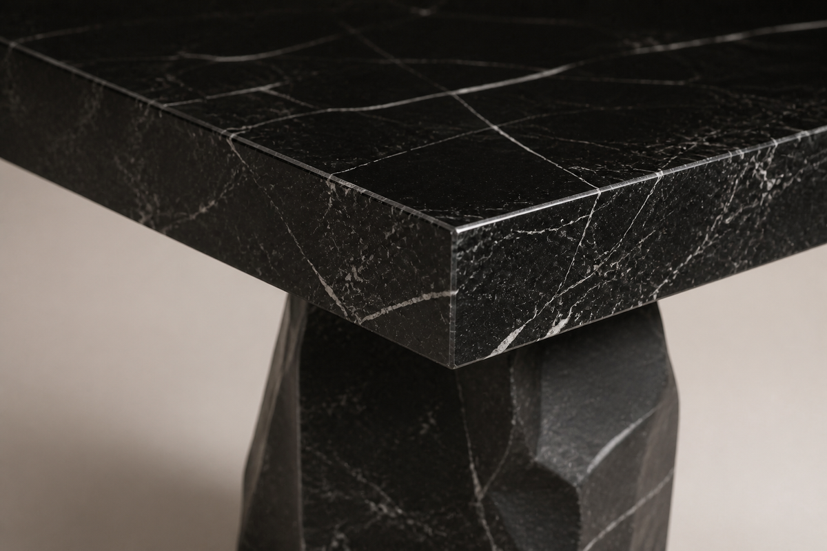 Obsidian Edge Marble Bench, close studio detail of the surface and material