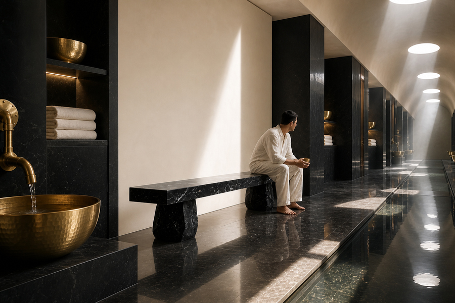 Obsidian Edge Marble Bench, shown in a room setting, at full scale