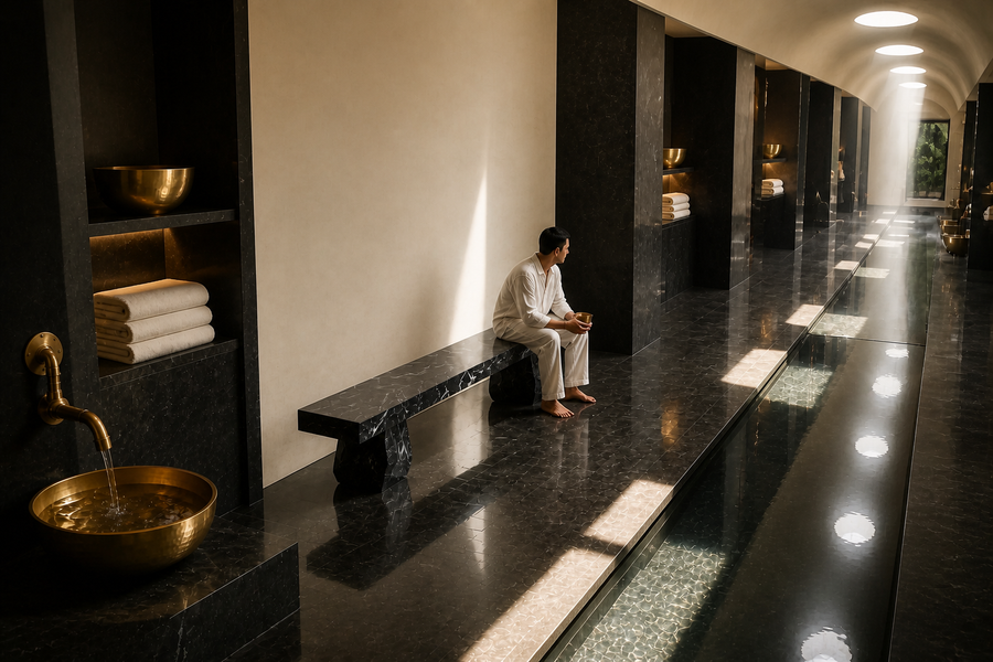 Obsidian Edge Marble Bench, overhead view in a room setting