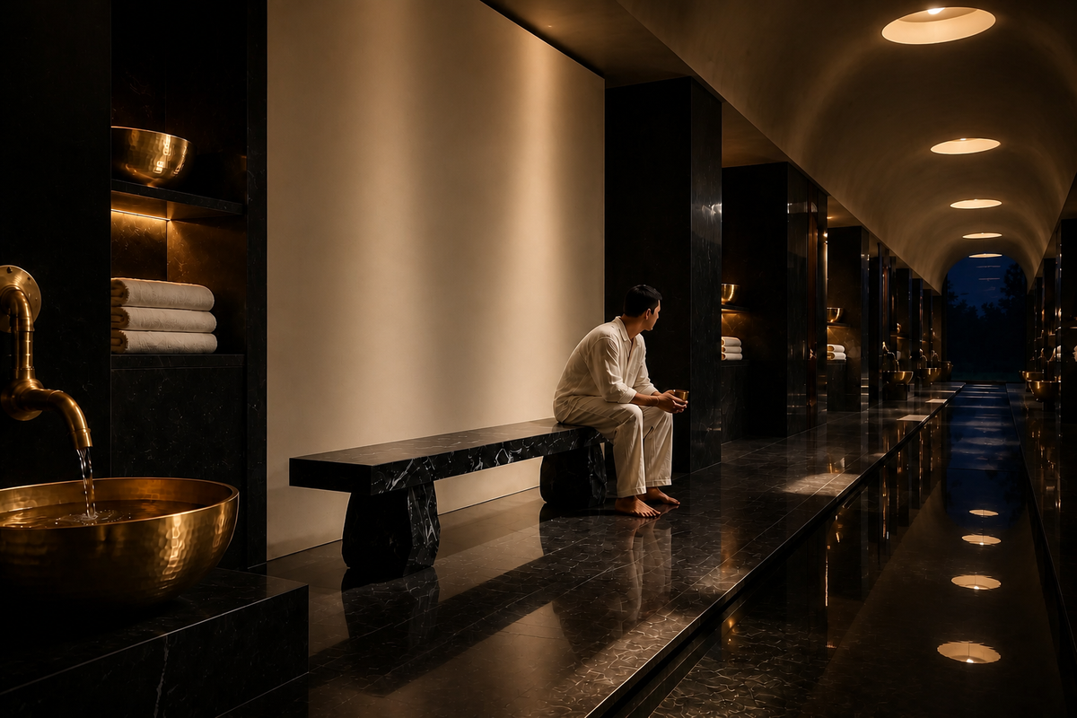 Obsidian Edge Marble Bench, in a room setting under evening light