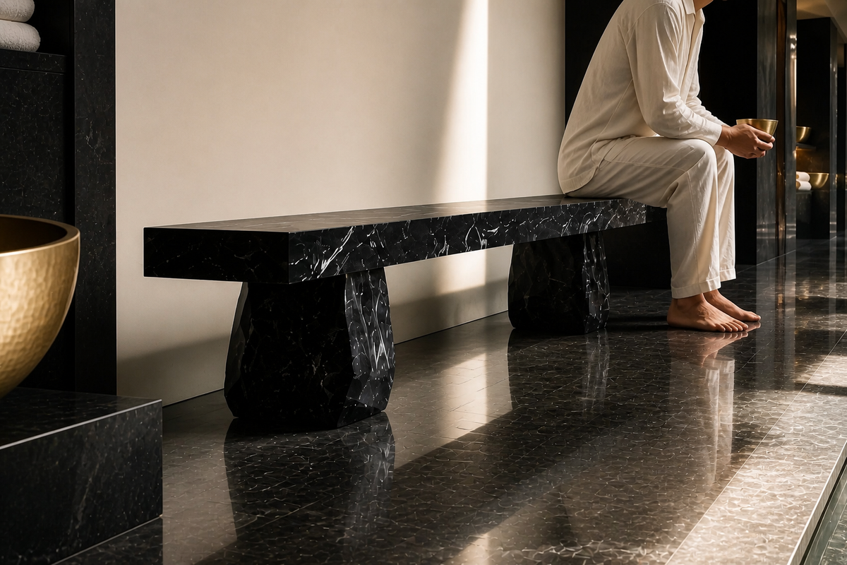 Obsidian Edge Marble Bench, close view of the form in its setting