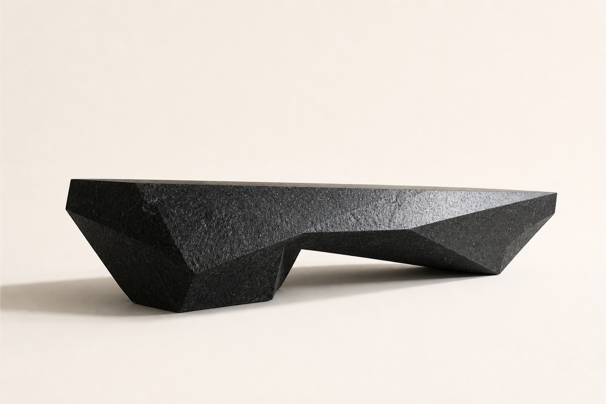 Obsidian Facet Marble Bench, three-quarter studio view showing its profile