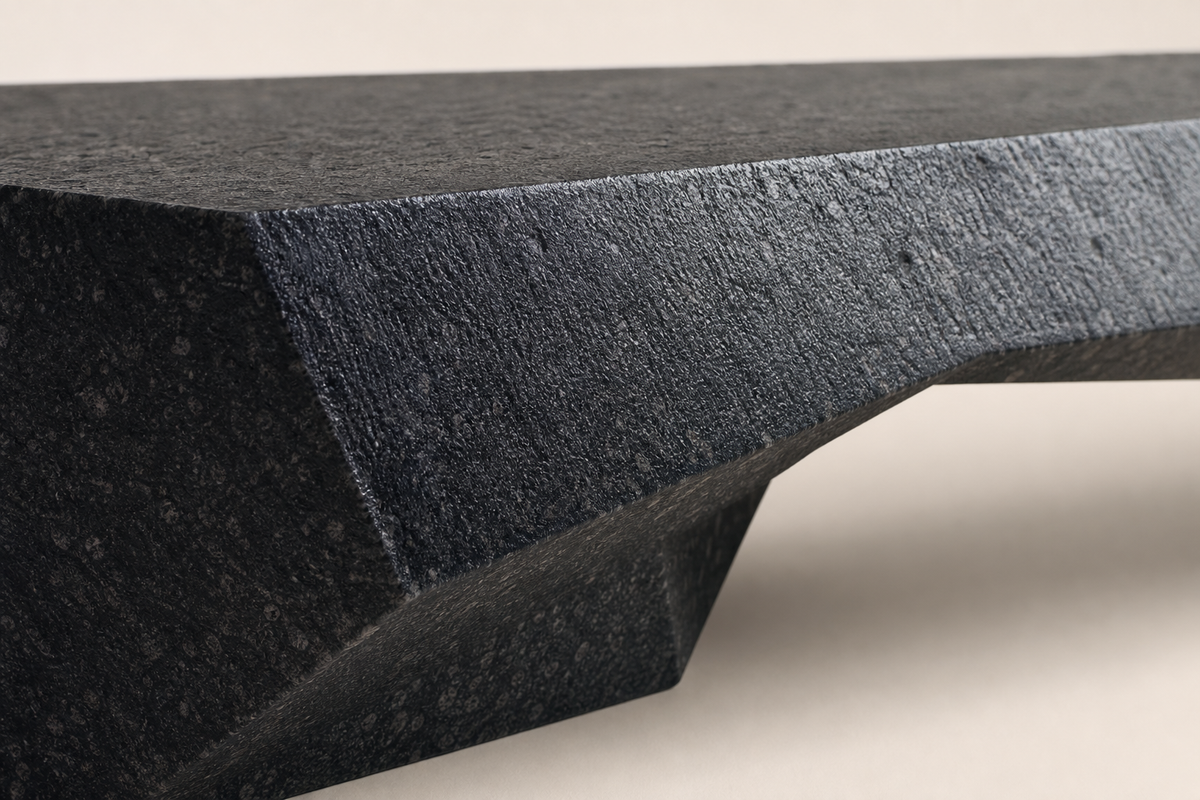 Obsidian Facet Marble Bench, close studio detail of the surface and material
