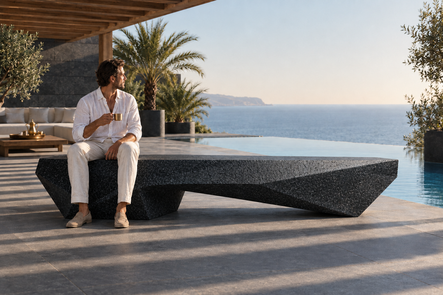 Obsidian Facet Marble Bench, shown in a room setting, at full scale