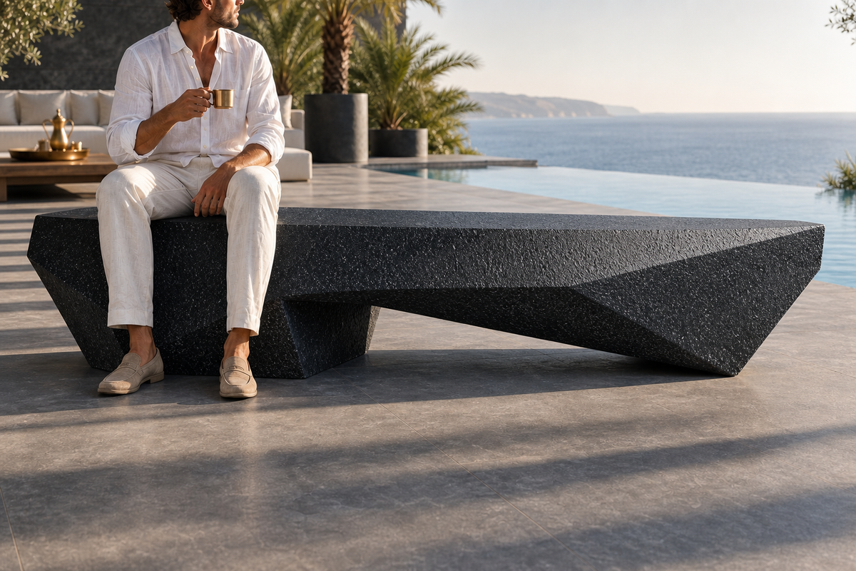 Obsidian Facet Marble Bench, design sketch showing the form