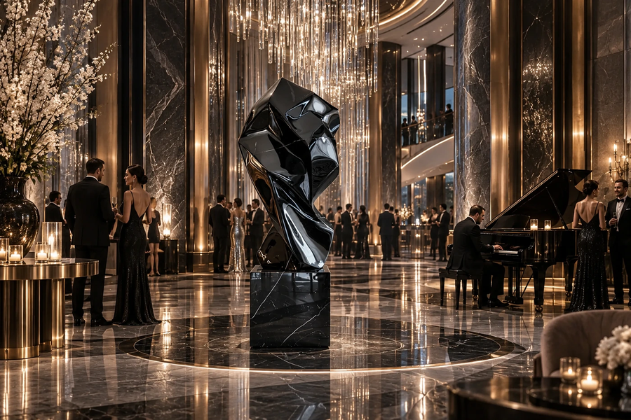 OBSIDIAN FOLD stainless steel sculpture, shown in a room setting, at full scale