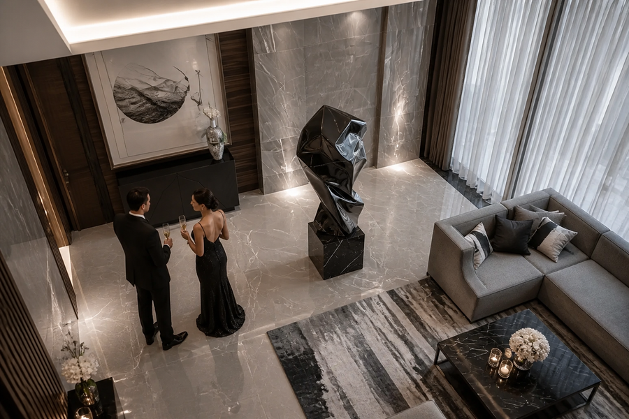 OBSIDIAN FOLD stainless steel sculpture, overhead view in a room setting