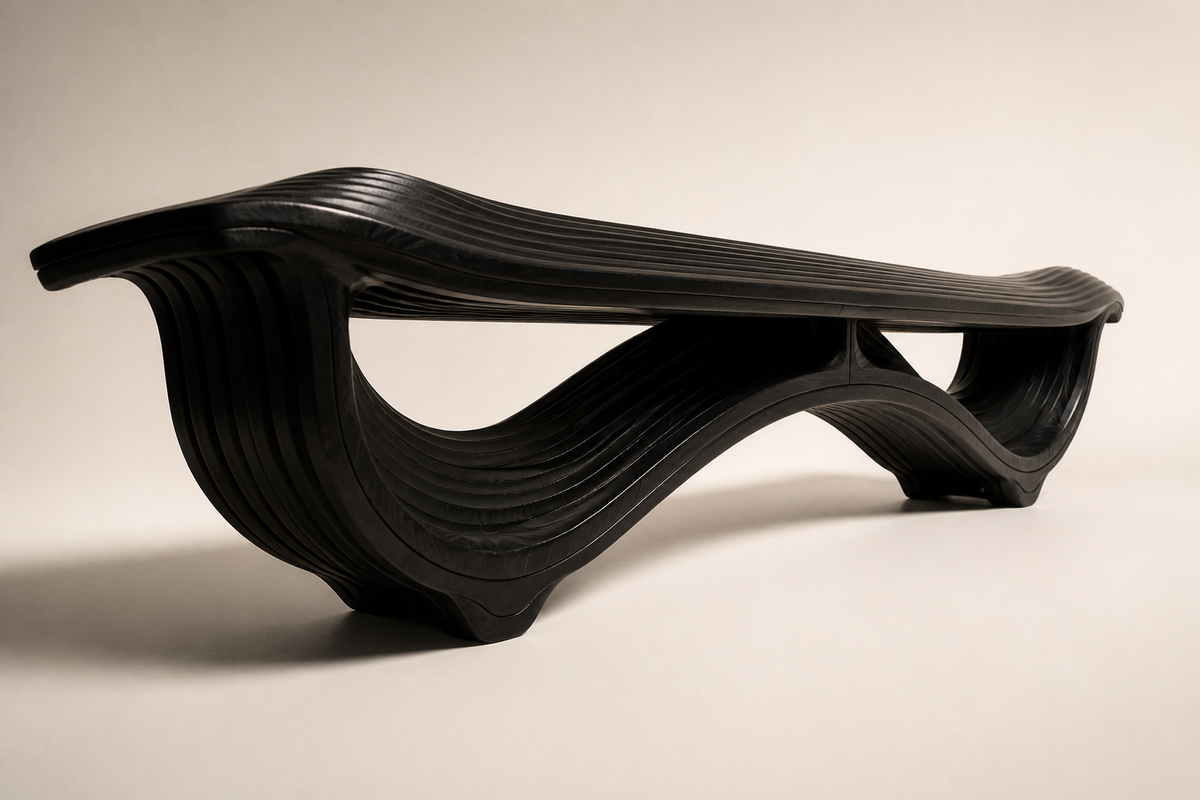 OBSIDIAN STRATA BENCH XXIV, three-quarter studio view showing its profile