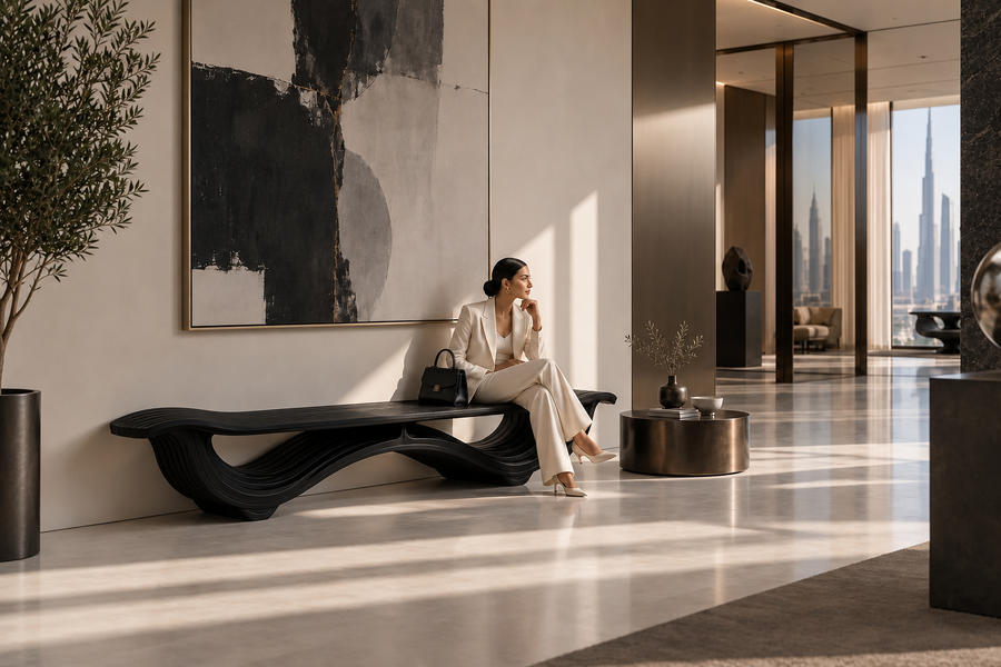 OBSIDIAN STRATA BENCH XXIV, shown in a room setting, at full scale