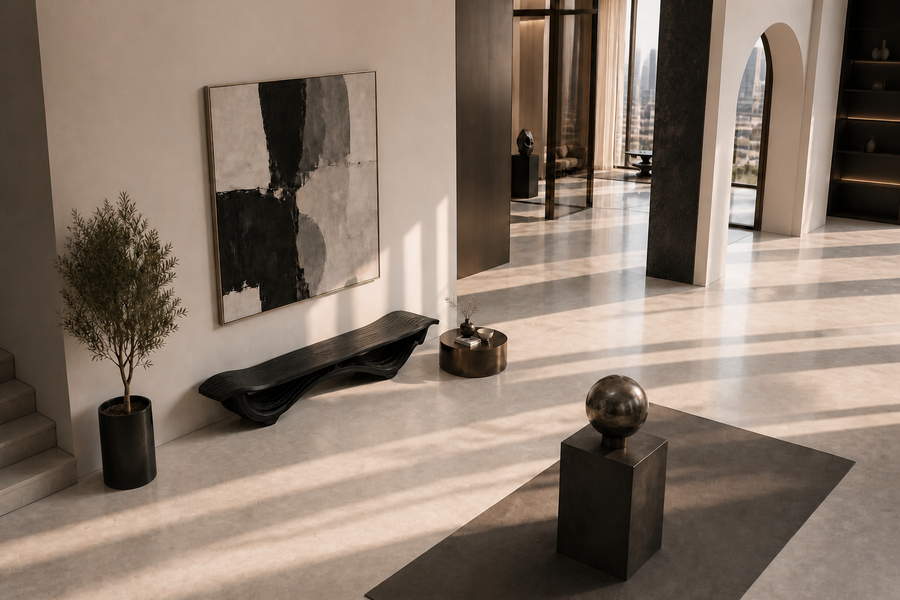 OBSIDIAN STRATA BENCH XXIV, overhead view in a room setting