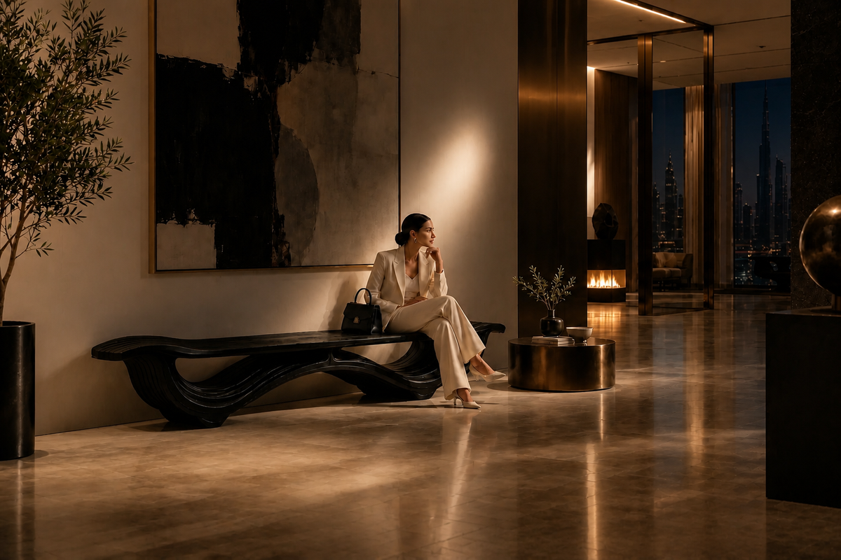 OBSIDIAN STRATA BENCH XXIV, in a room setting under evening light