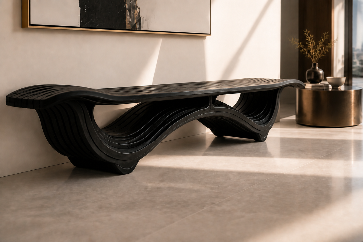 OBSIDIAN STRATA BENCH XXIV, close view of the form in its setting