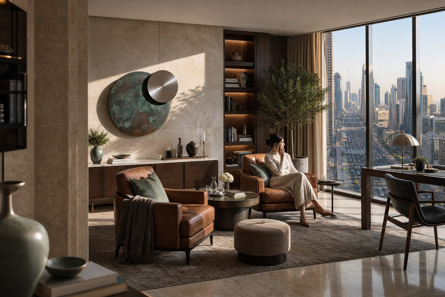 Ocaso — Ø 200 cm verdigris bronze and satin steel eclipse wall sculpture, installed on the wall of a furnished room