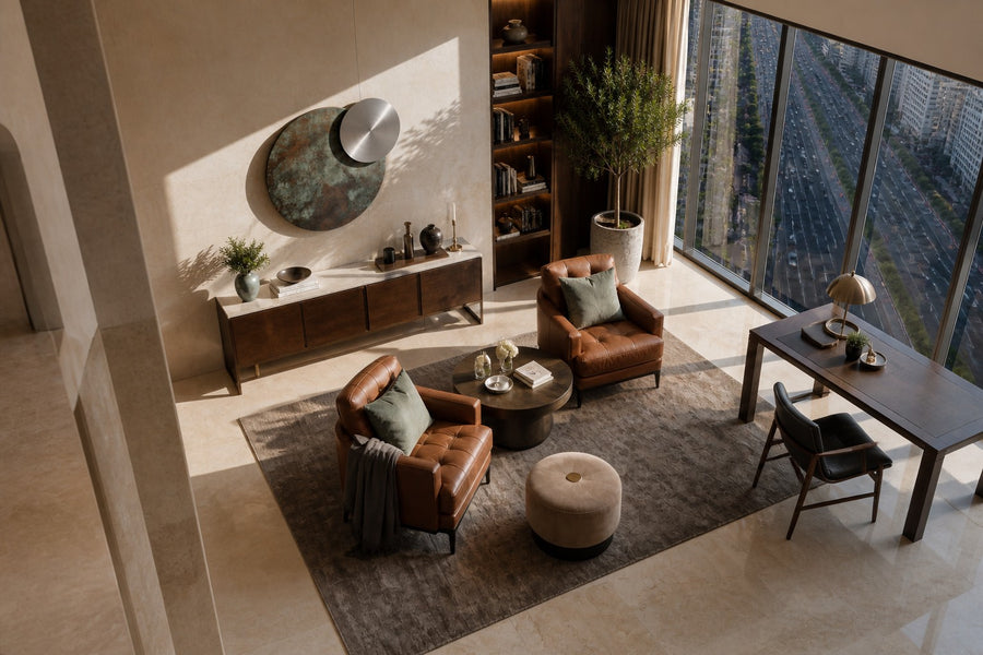 Ocaso — Ø 200 cm verdigris bronze and satin steel eclipse wall sculpture, seen from above in the room