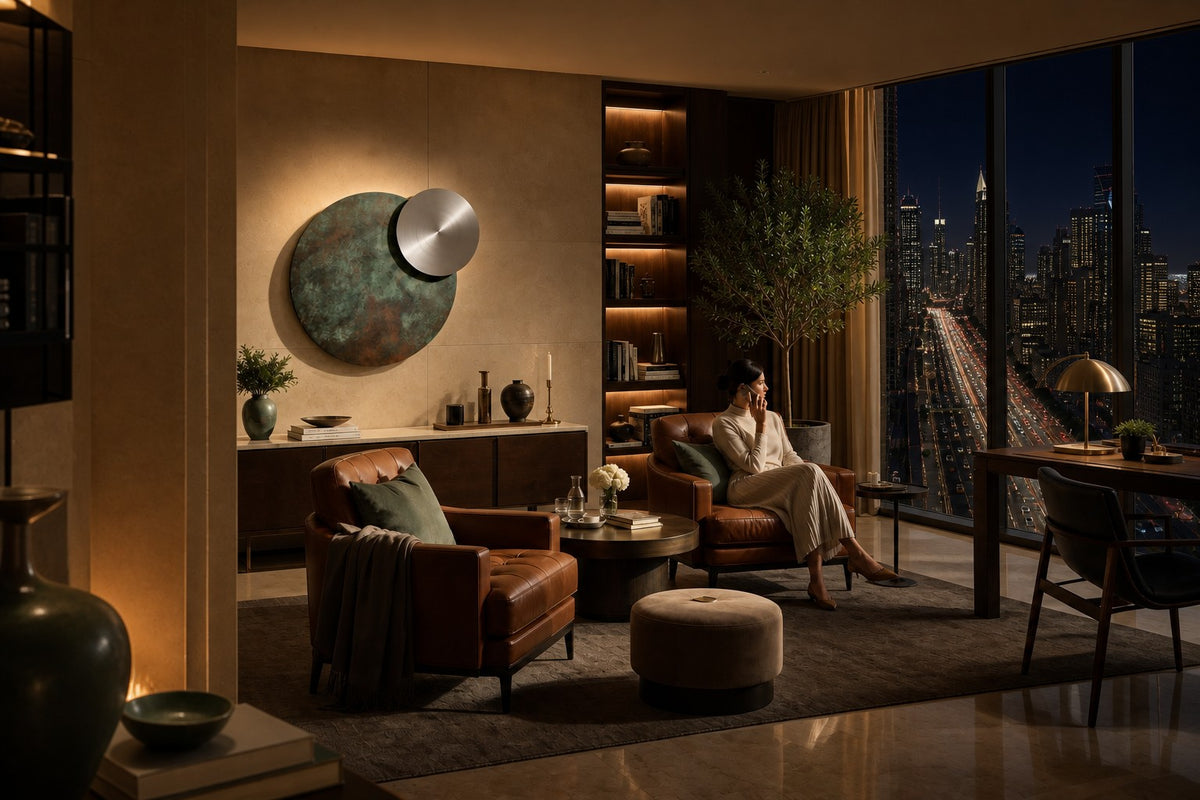 Ocaso — Ø 200 cm verdigris bronze and satin steel eclipse wall sculpture, the same room at night, lamps on