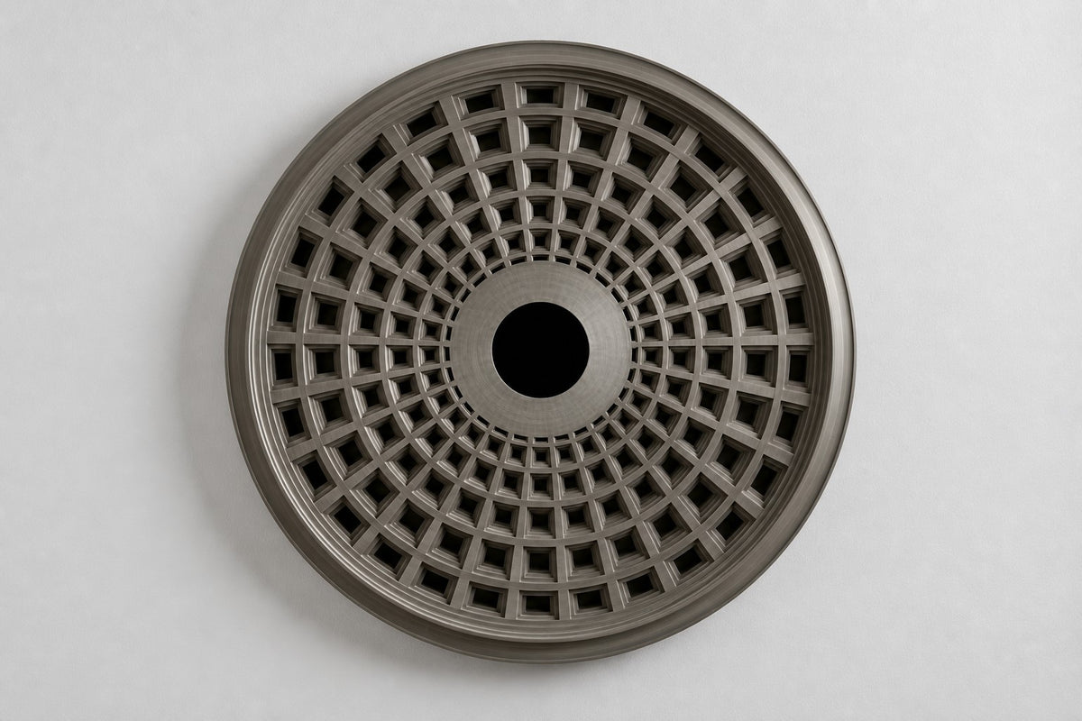 Oculo — Ø 200 cm warm grey cast metal circular wall relief of a coffered dome, studio front view