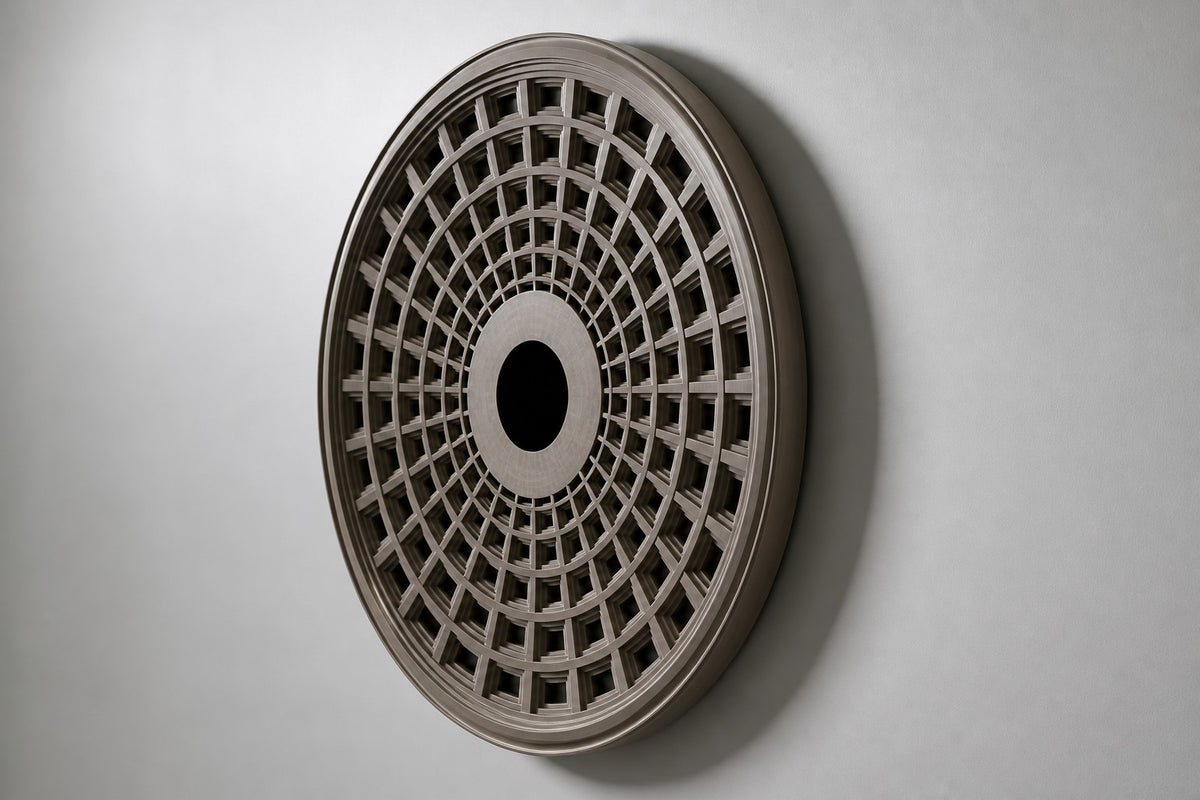 Oculo — Ø 200 cm warm grey cast metal circular wall relief of a coffered dome, studio side angle showing its depth