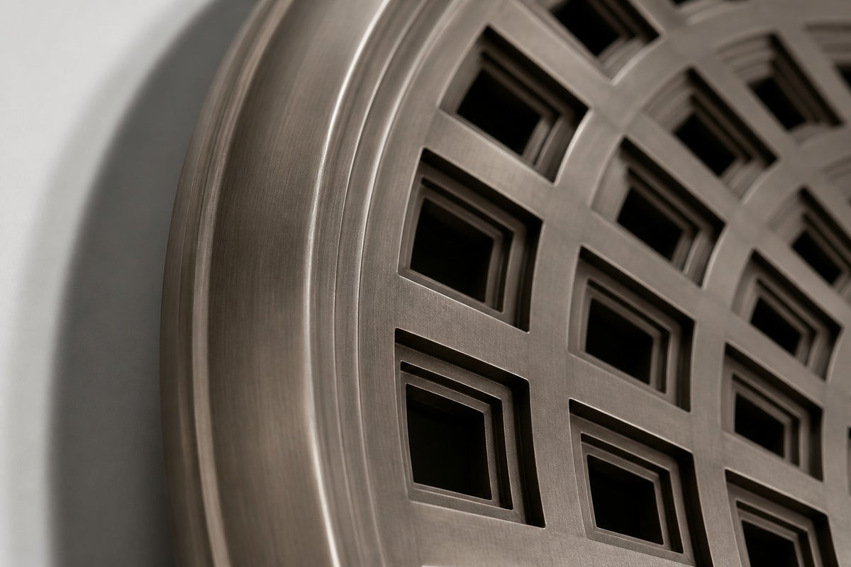 Oculo — Ø 200 cm warm grey cast metal circular wall relief of a coffered dome, close detail of the surface and edge
