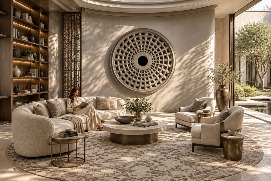 Oculo — Ø 200 cm warm grey cast metal circular wall relief of a coffered dome, installed on the wall of a furnished room