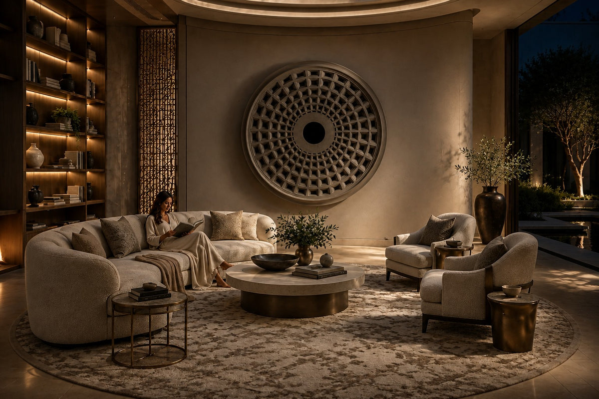 Oculo — Ø 200 cm warm grey cast metal circular wall relief of a coffered dome, the same room at night, lamps on