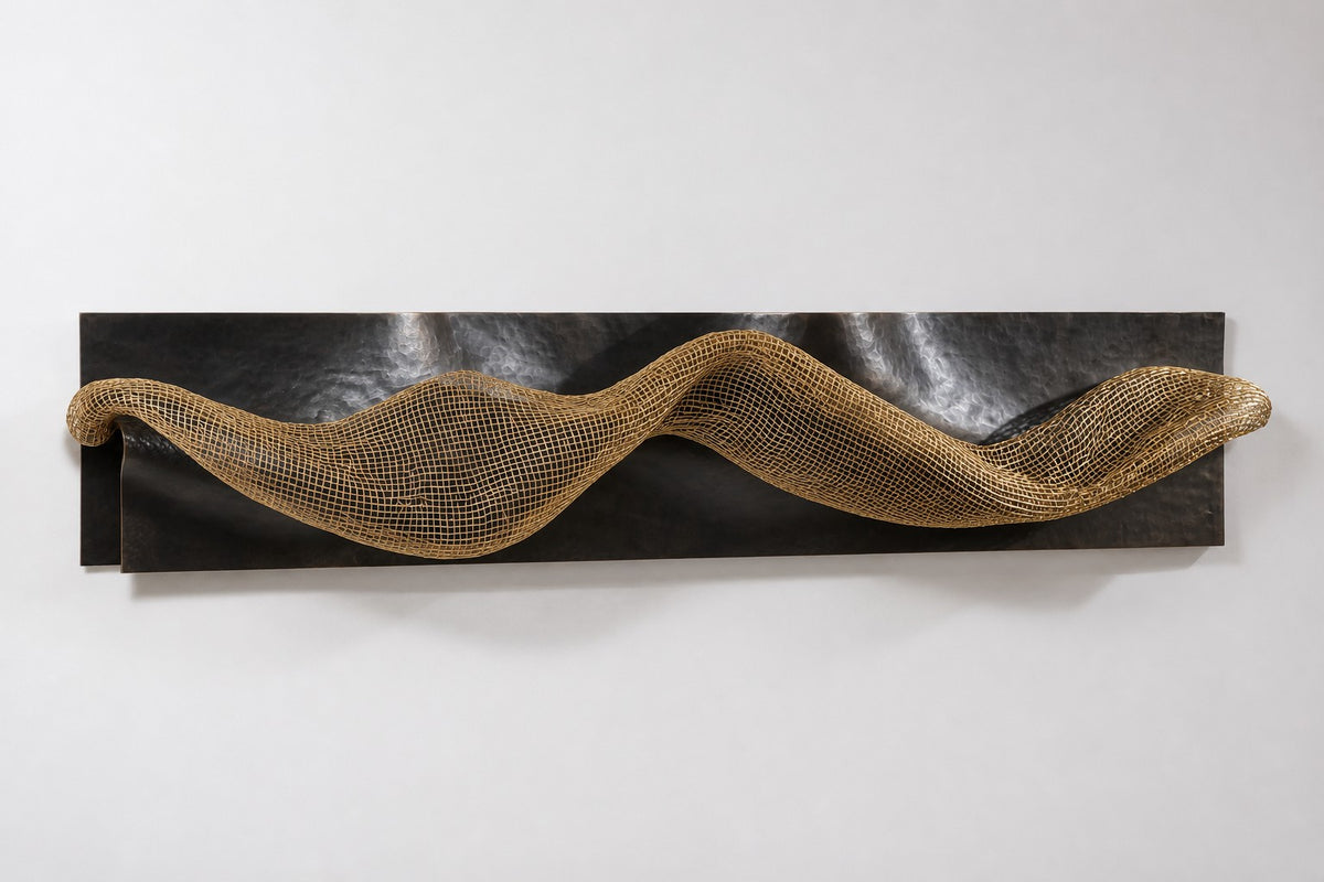 Oleaje — dark bronze wave plate crossed by a band of brass mesh, studio front view