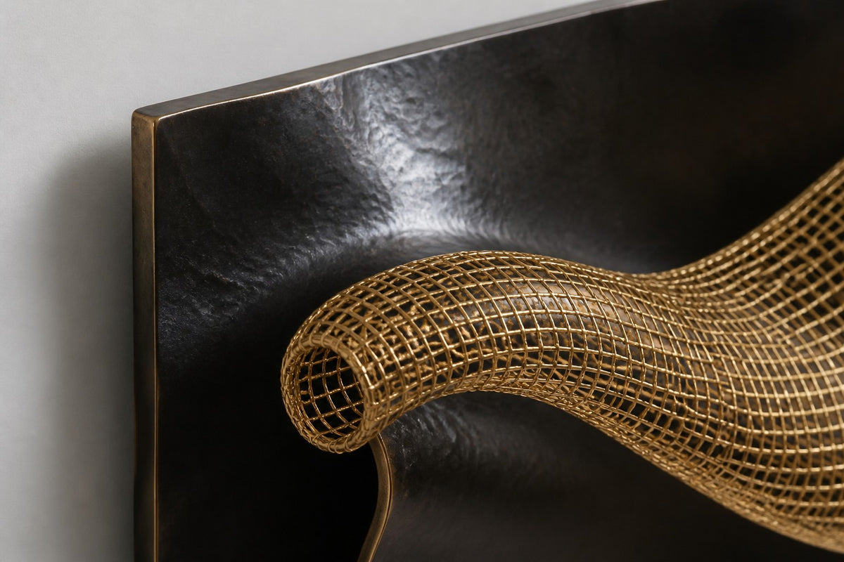Oleaje — dark bronze wave plate crossed by a band of brass mesh, close detail of the surface and edge