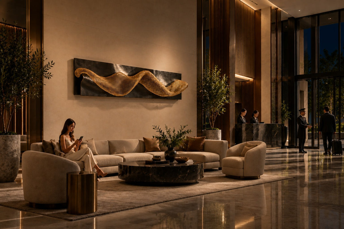 Oleaje — dark bronze wave plate crossed by a band of brass mesh, the same room at night, lamps on