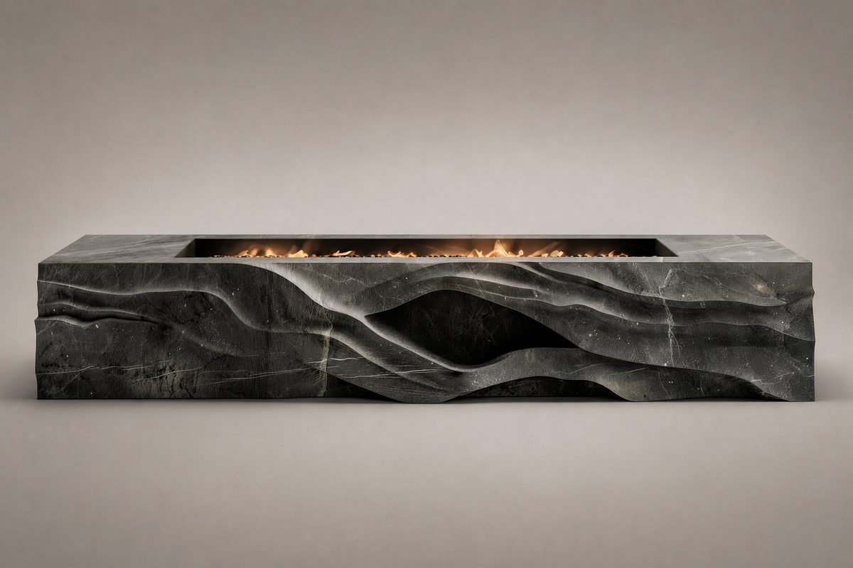 Ombria marble fireplace, side view showing the profile